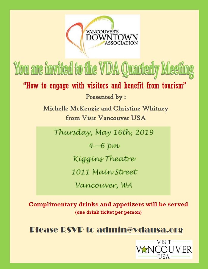 Vanc Dwntwn Assoc (@vdausa) on Twitter photo VDA Quarterly Meeting! May 16th, 2019- 4 to 6 pm. The topic is: "How to engage with visitors and benefit from tourism". See the attached flyer for details. RSVP to admin@vdausa.org. VDA Quarterly Meeting! May 16th, 2019- 4 to 6 pm. The topic is: "How to engage with visitors and benefit from tourism". See the attached flyer for details. RSVP to admin@vdausa.org.
