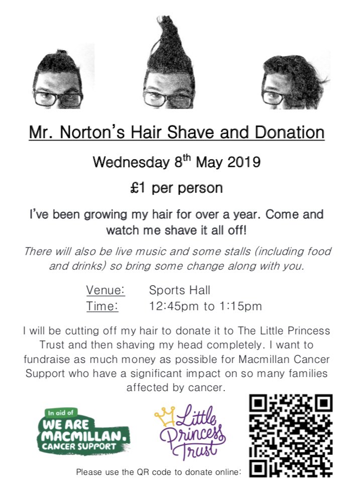 SACSScience's tweet photo. Mr. Norton: The time has come! After over a year, I will be shaving my hair off on Wednesday and donating it to @LPTrustUK! Please help me fund raise as much money as possible for @macmillancancer in the process. https://t.co/e8HnAIS5uB https://t.co/35J6O1tWm7