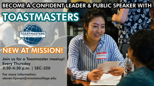 go2MissionSC's tweet photo. Become a more confident #publicspeaker by coming to a #Toastmasters meeting in SEC-320 today from 3:30 p.m. to 4:30 p.m. https://t.co/xTVn3E3I9r #MissionSC, #communicate, #SiliconValley, #confidence, #SantaClara https://t.co/7SxwyJdHPK