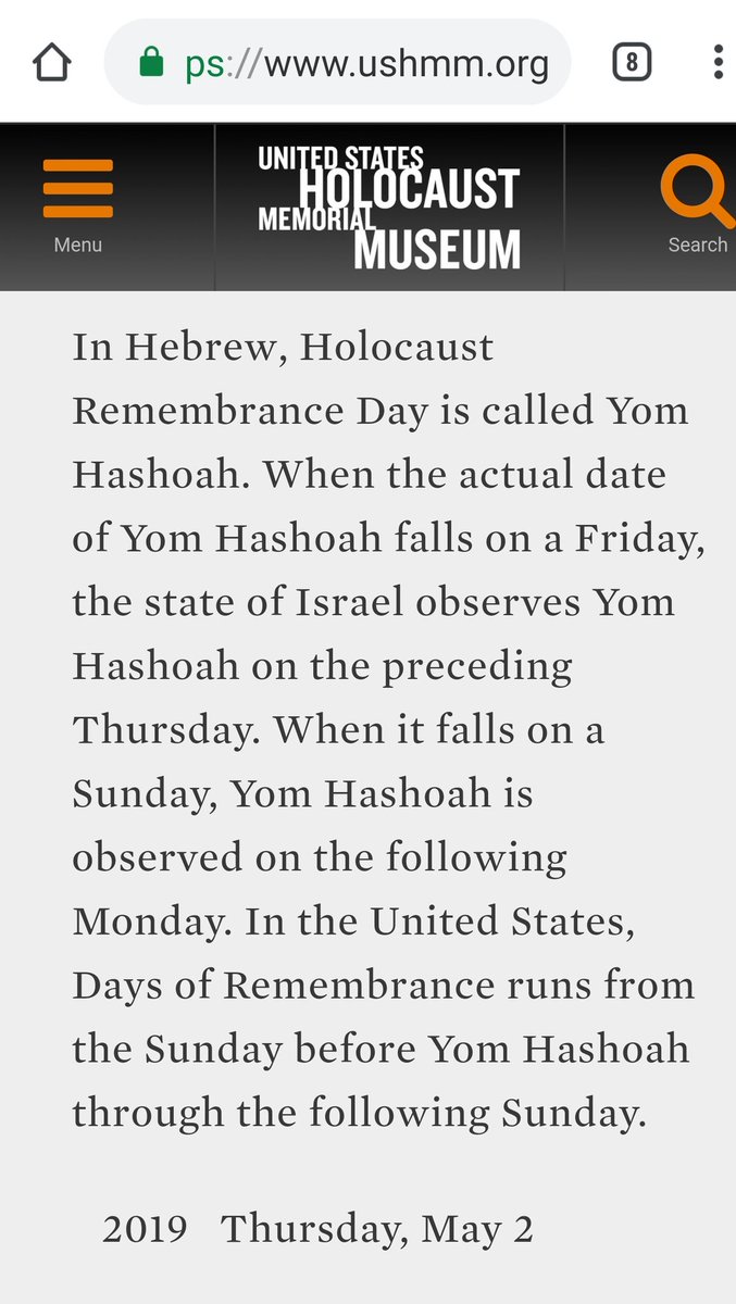 2019 Holocaust Remembrance Day, U.S., Thursday, May 2, 2019
https://www.ushmm.org/remember/days-of-remembrance/resources/calendar