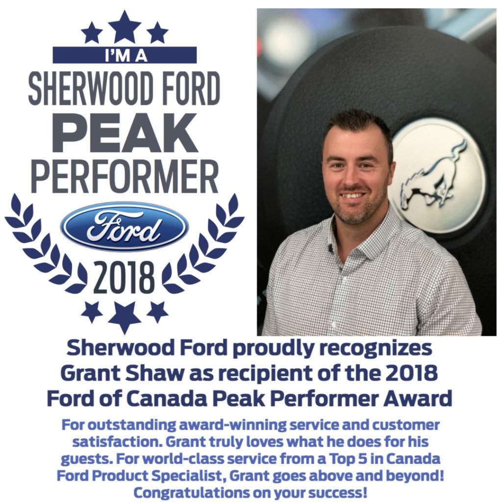 SherwoodFord's tweet photo. Join us and @FordCanada in congratulating @grantshaw11 recipient of the Peak Performer award! Grant Shaw is a #FordSummit 2018 winner achieving TOP 5 Ford Product Specialist in Canada! π #YEG https://t.co/zIjIqr8V7V