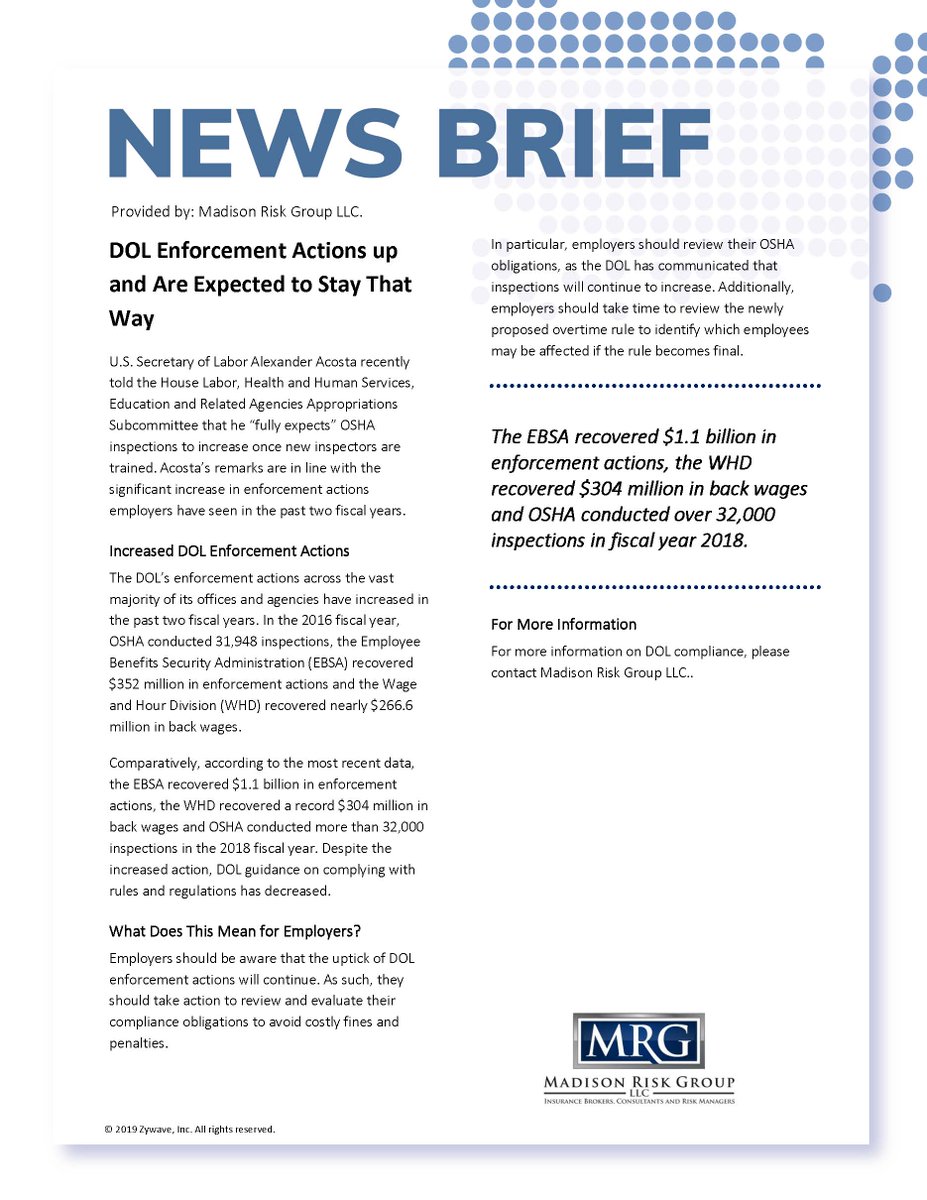 RiskMadison's tweet image. Recently, officials from the Department of Labor noted that OSHA inspections are likely to increase once new inspectors are trained, continuing a trend of rising enforcement actions over the past two years. Read more below to make sure your company is in compliance...#insurance