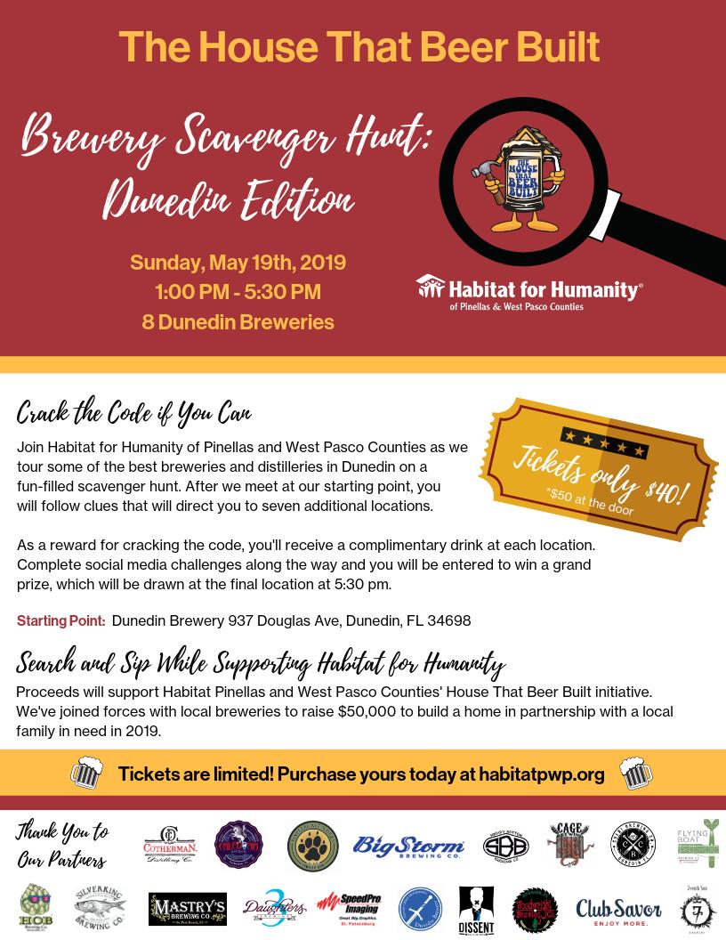 HabitatTBG's tweet photo. Sip and search with Habitat as we tour some of the best breweries in Dunedin on a fun-filled scavenger hunt. Tickets are limited - get yours today!

Purchase tickets here --> https://t.co/cdeFgJTxy8

#habitatpinellaspasco #housethatbeerbuilt https://t.co/8F7Kqepm8P