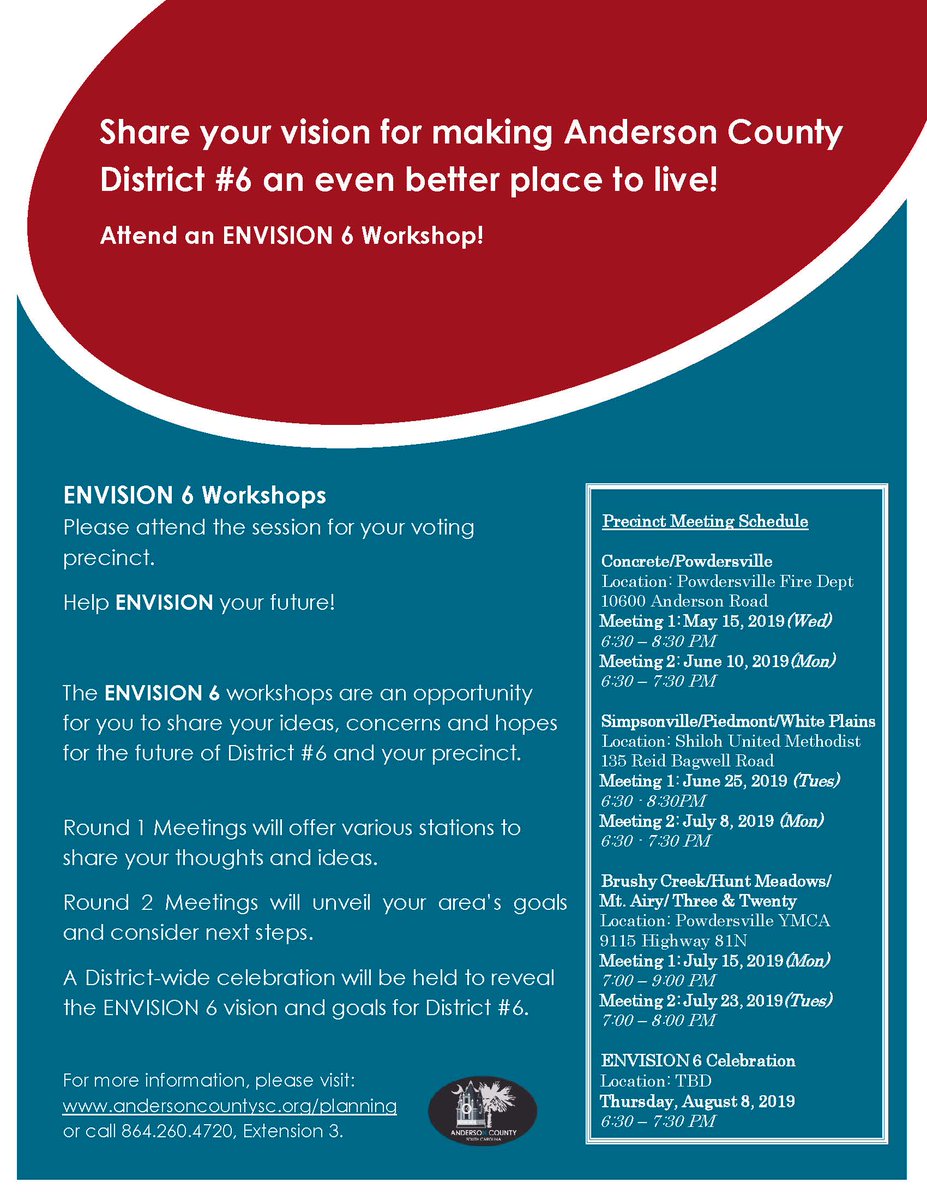 ENVISION 6 is coming! Make plans to join us at an ENVISION 6 Workshop to share your vision for District #6's future. #ENVISION6 #ENVISIONAnderson