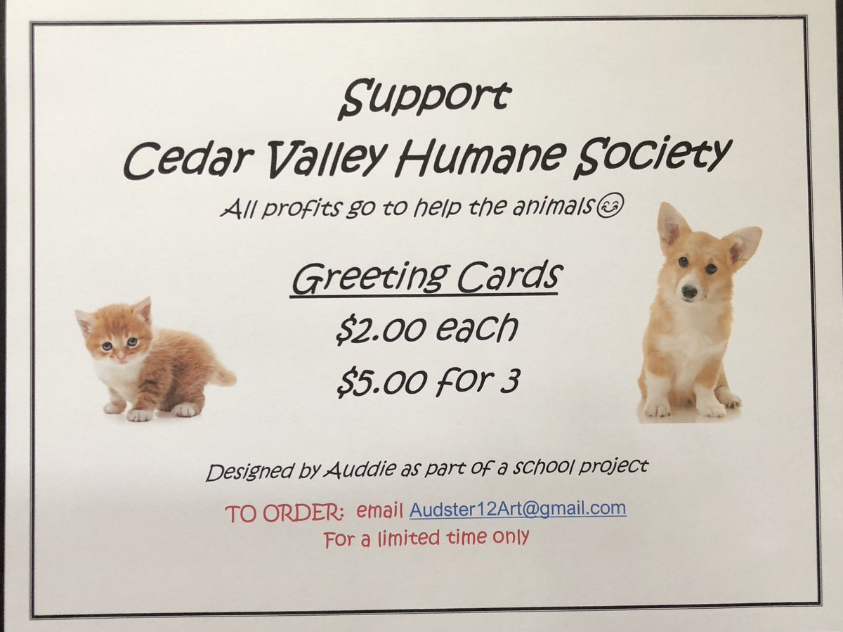 aud_alepra12's tweet photo. Buy hand drawn greeting cards to support the animals at the Cedar Valley Humane Society!!
⭐️All profits donated to CVHS
⭐️Order at audster12art@gmail.com
Rt to spread the word!! https://t.co/7XBLitX4P4