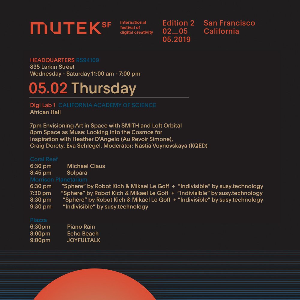 Ready, Set, Go! 
MUTEK San Francisco 2019 🚀
For the official app of MUTEK.SF 2019 -----> 
iOS ➤ bit.ly/MUTEKSF-apple 
Android ➤ bit.ly/MUTEKSF-google