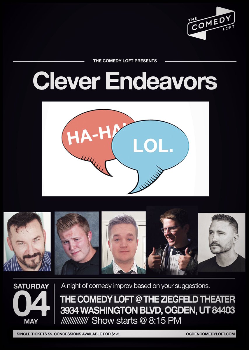 There is only one Saturday show this week, so don’t miss #cleaverendeavors at 8:15 pm! No 9:30 pm show this week!
PG13, $5
#ogdenimprov #improvcomedy #ogden #myogden #visitogden #indieogden #ogdenisawesome #ogdenarts #ogdencomedy #utahimprov #improv