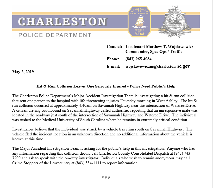 Hit &amp; Run Collision Leaves One Seriously Injured - Police Need Public’s Help 
#chsnews #chstrfc