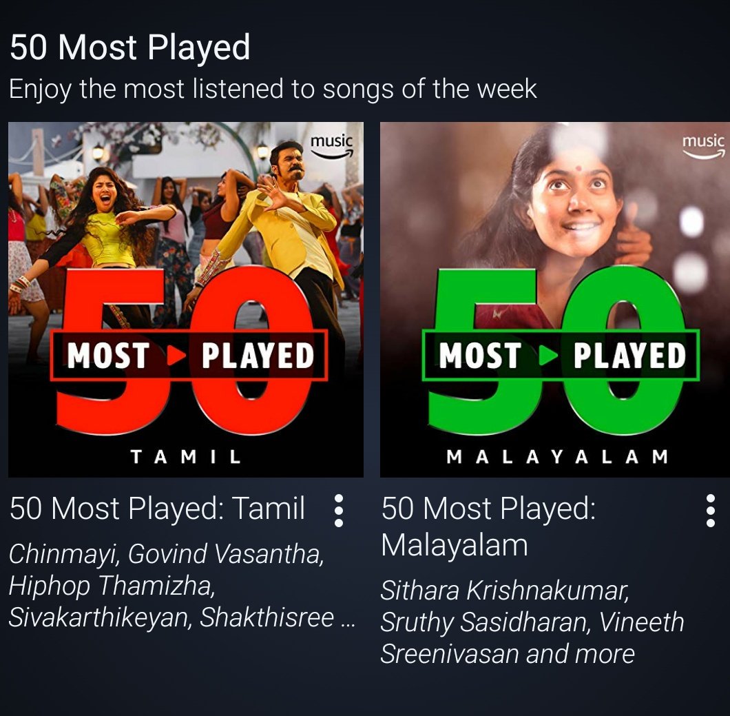 #RowdyBaby and #Pavizhamazha topping Tamil & Malayalam #50MostPlayed lists in Amazon Music this week.

#SaiPallavi #Maari2 #Athiran #U1 #PSJayahari #Dhanush