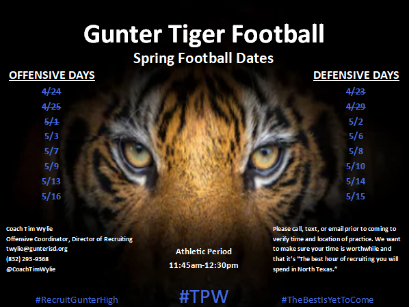gunter_football's tweet photo. Gunter Tiger Football thanks @fedoras_rule of @TexasWesleyan & @CoachGipson11 of @hpusports for stopping by to see our prospects. Come see some great @GunterHSTigers and find out why we are "The best hour of recruiting you will spend in North Texas." #RecruitGunterHigh https://t.co/tb81h9dRj0