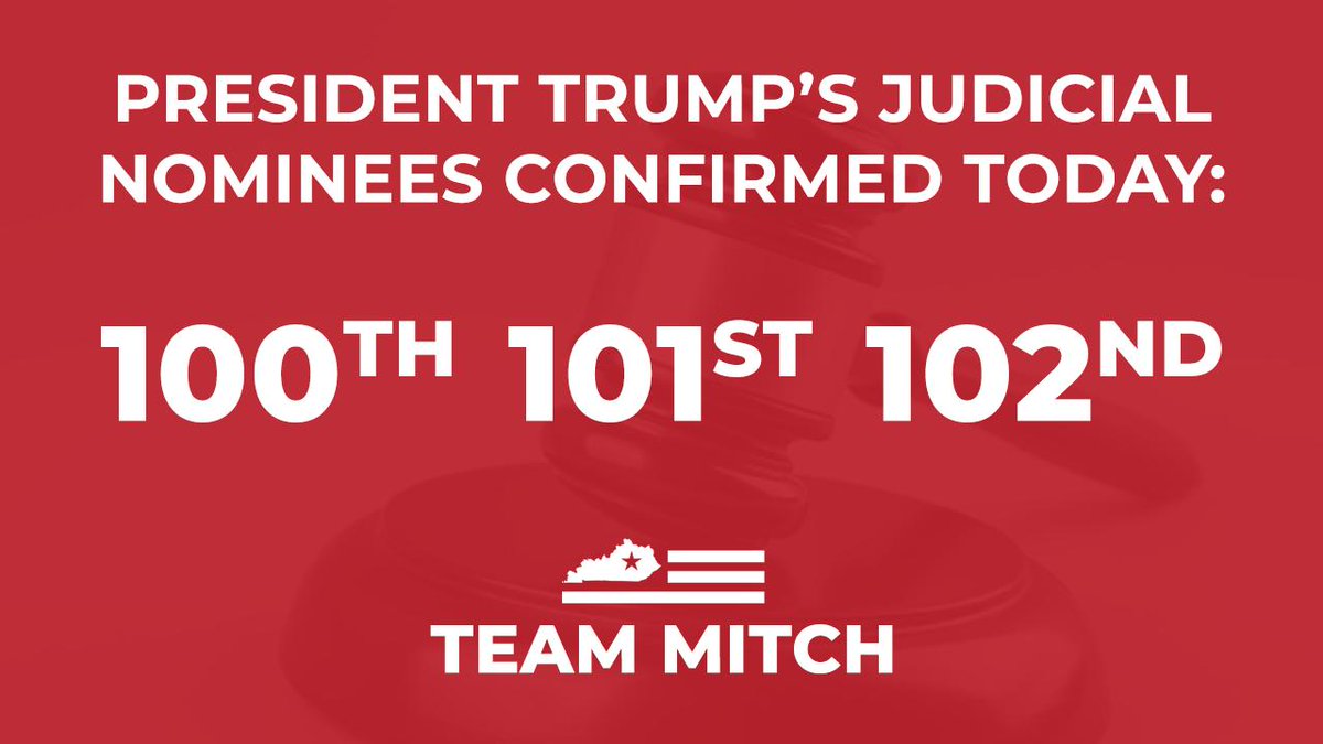 Your Republican Senate Majority just passed a historic milestone: confirming President <a href="/realDonaldTrump/">Donald J. Trump</a>’s 100th, 101st, and 102nd judicial nominees.