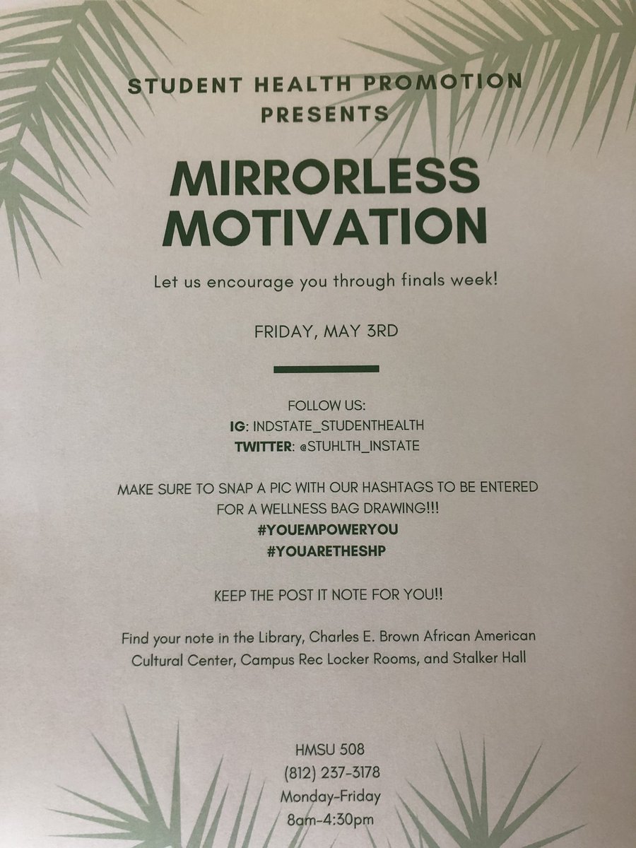 TOMORROW we want to motivate and encourage our AMAZING sycamores through our post-it event! Snap a pic of our note and YOU could possibly win a wellness bag from us using our hashtags #youempoweryou and #youaretheSHP
Find your note tomorrow ONLY! 😊😊😊😊