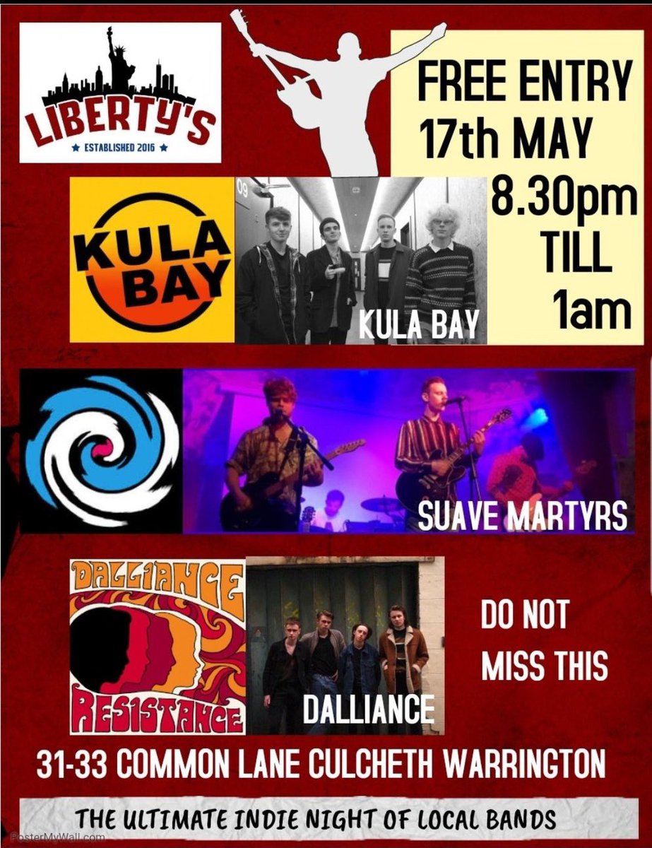 On 17th May we’ll be playing @libertysginbar for their ultimate indie night with <a href="/wearekulabay/">Kula Bay</a> <a href="/MartyrsSuave/">Suave Martyrs</a>. It’s free entry so get yourselves down 🎟