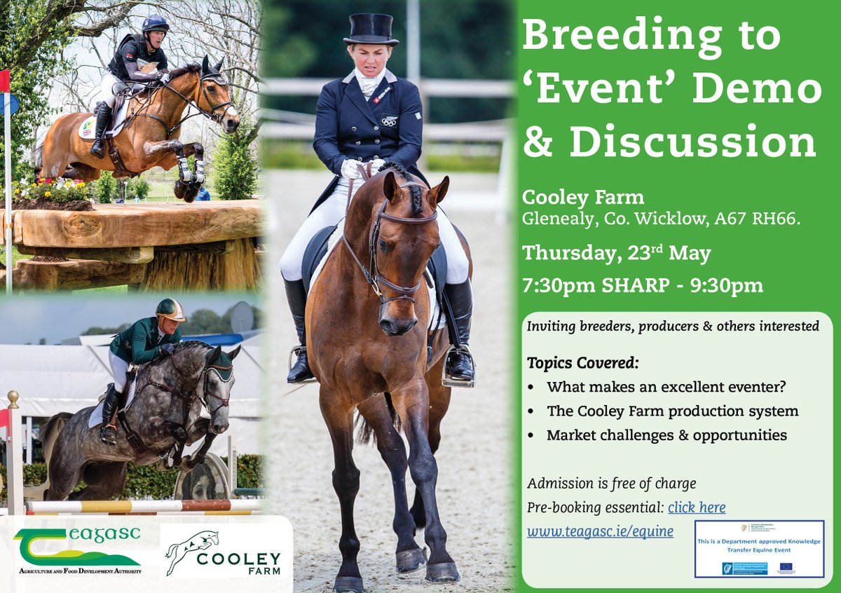 Breeding to ‘Event’ Demo &amp; Discussion taking place in <a href="/CooleyHorses/">Cooley Sport Horses</a> Cooley Farm Glenealy, Co. Wicklow, on Thursday 23rd May at 7:30pm. For more details and to register click here ow.ly/nRWS50tUQZ7