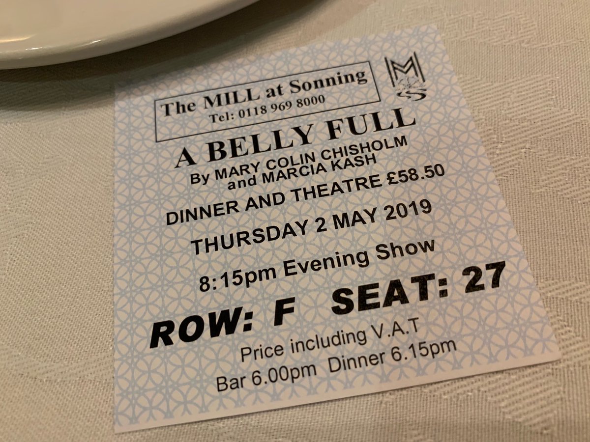 Press night for A Belly Full - a new belly dancing comedy - at the <a href="/MillAtSonning/">The Mill at Sonning</a> and the audience have been treated to a delightful pre-show meal... my Norwegian salmon with a piquant watercress sauce and white chocolate mouse with a lake of cherry sauce was truly scrumptious!