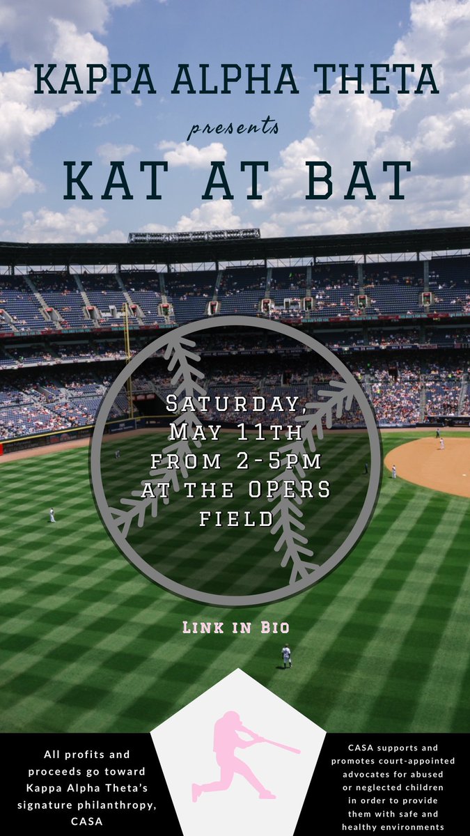Get excited for our signature philanthropy event, KAT AT BAT⚾️⚡️ Sign up to make a team with the link in our bio or come down and support the wiffle ball teams May 11th! Check the flyer below for more information 🤩