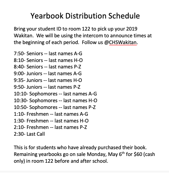 CHSWakitan's tweet photo. Yearbook Distribution Tomorrow May 3rd!  Bring your student ID to pick up your already purchased yearbook.  Extra yearbooks will be on sale Monday, May 6th for $60 (cash only) before or after school. https://t.co/AhMoYVYAnY