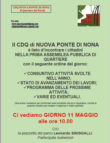 CdQ_NPdN's tweet photo. NELLA PRIMA ASSEMBLEA PUBBLICA DI QUARTIERE
  11 MAGGIO 2019 DALLE 10:00 ALLE 12:30   C/O
  la piazzetta del parco Leonardo SINISGALLI https://t.co/rLThCqcERs