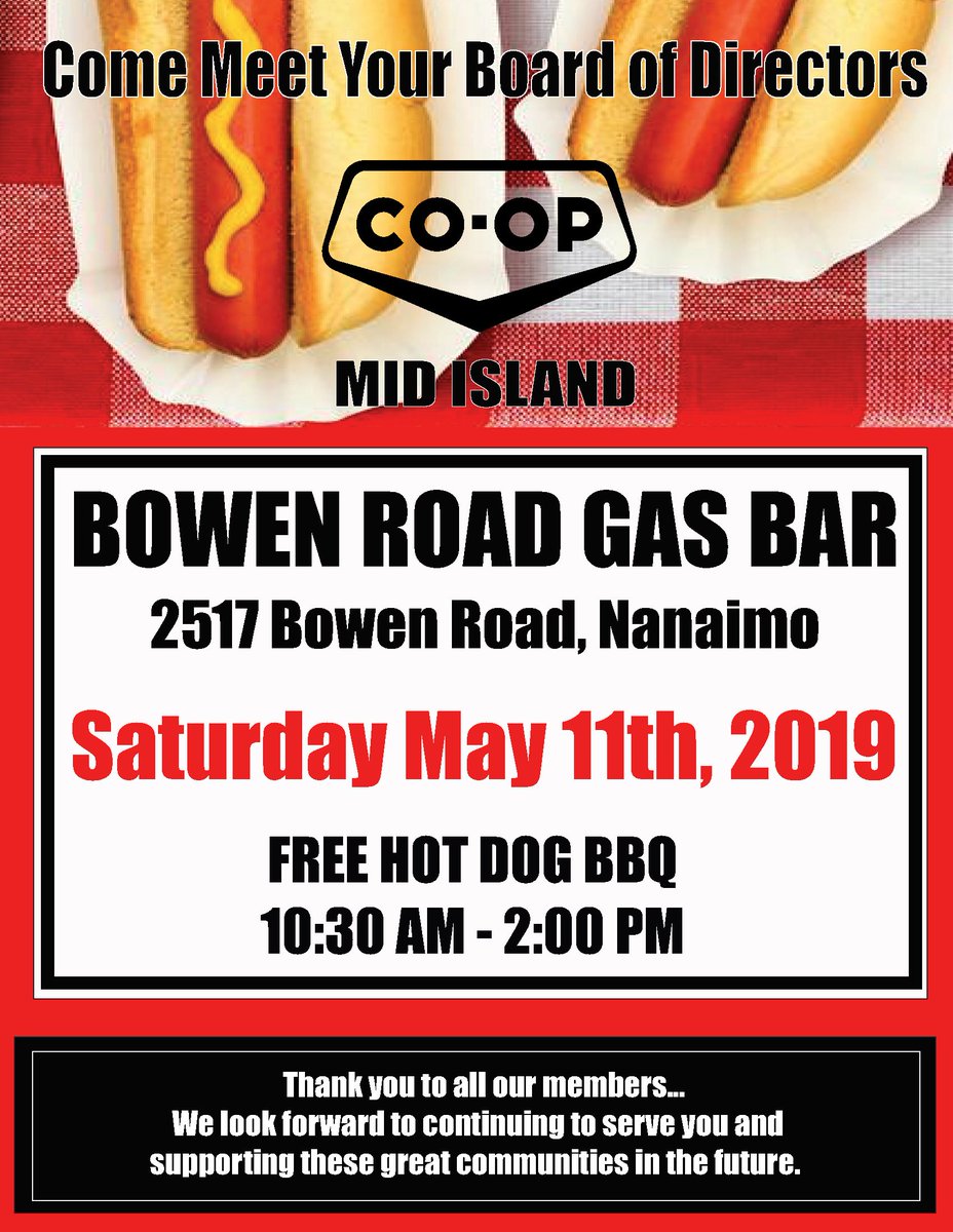 FREE Hot Dog BBQ at Mid Island Co-op Bowen Road Gas Bar Nanaimo!

Saturday May 11th 10:30am-2pm

Pop by for a free hotdog and say hello and meet your Mid Island Co-op's Board of Directors!