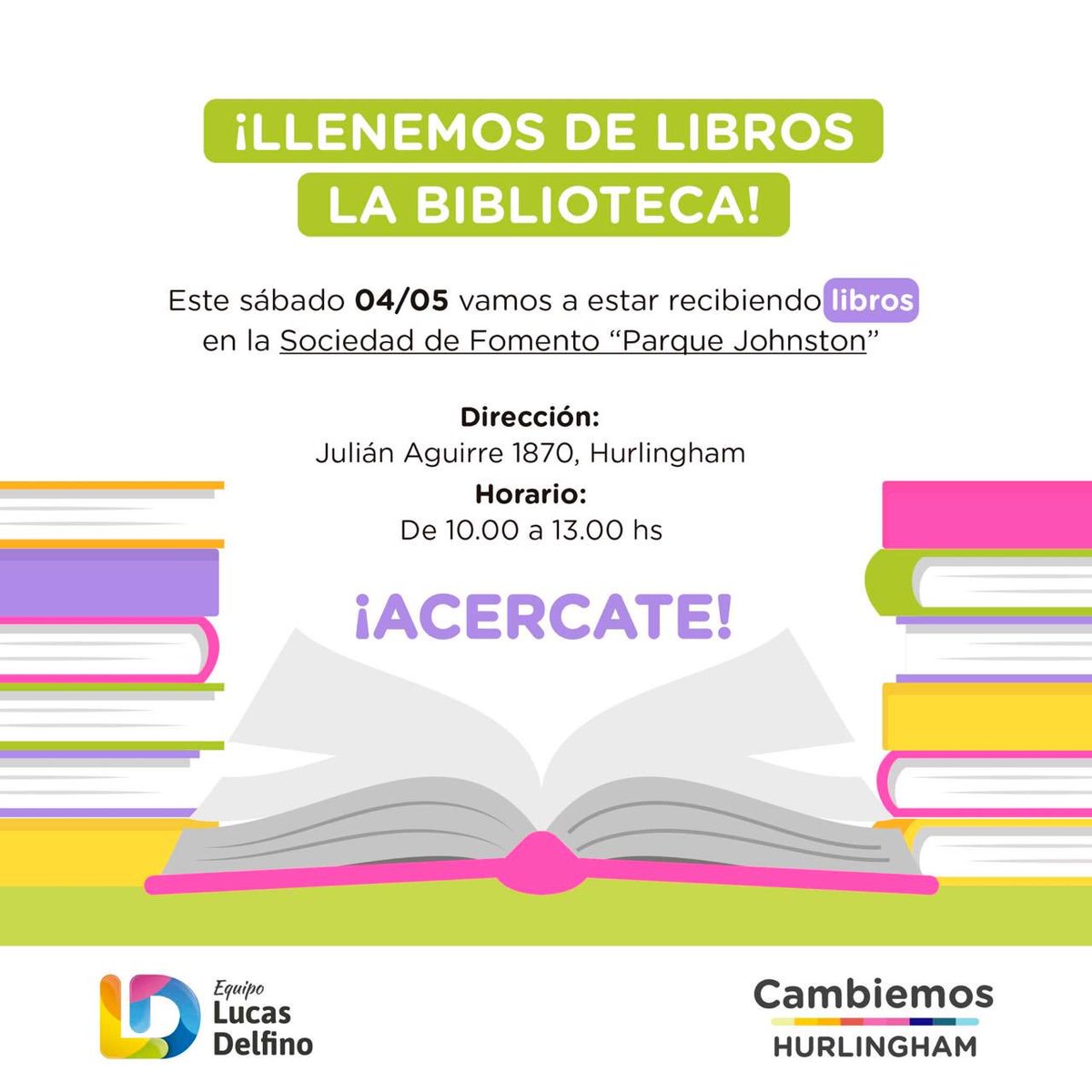 nzuela's tweet photo. Trae este #sábado 04/05 los #libros que no usas más! #acercate a dejarlos a la Sociedad de fomento de Parque Johnston! #equipo @DelfinoLucasOk #hurlingham #wcmorris #villaTesei https://t.co/WEmOIuIcfw