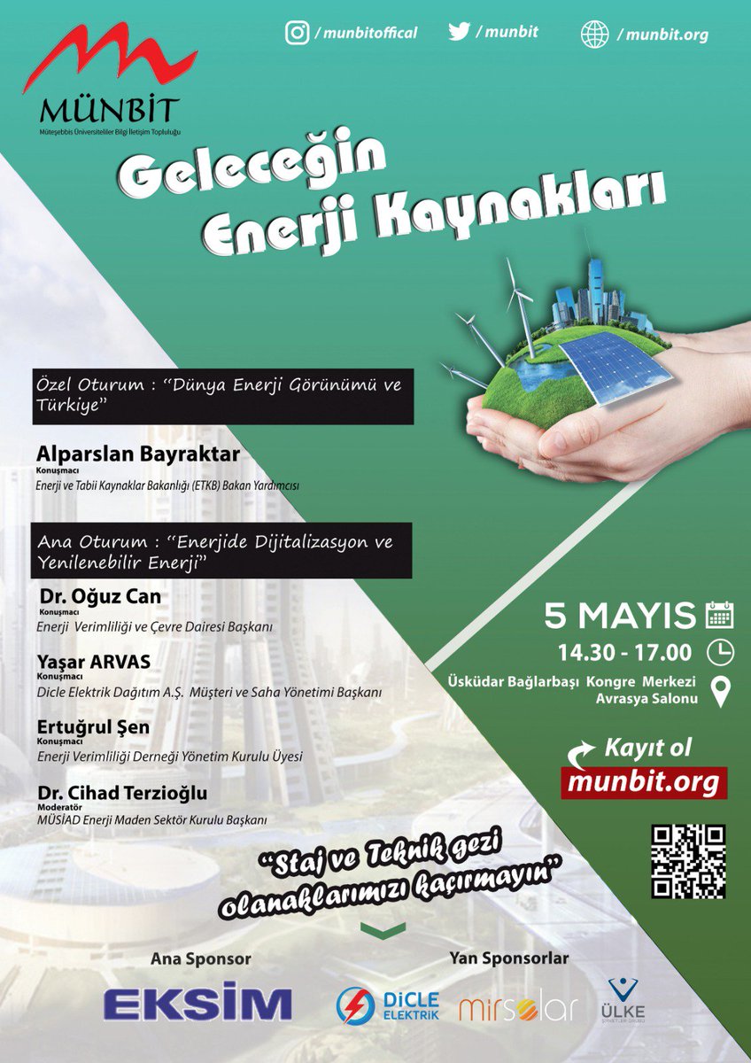 'Geleceğin Enerji Kaynakları' konulu panelimiz 5 Mayıs 2019 Pazar günü Bağlarbaşı Kongre Merkezi'nde. Kayıt olmak için munbit.org/basvuru