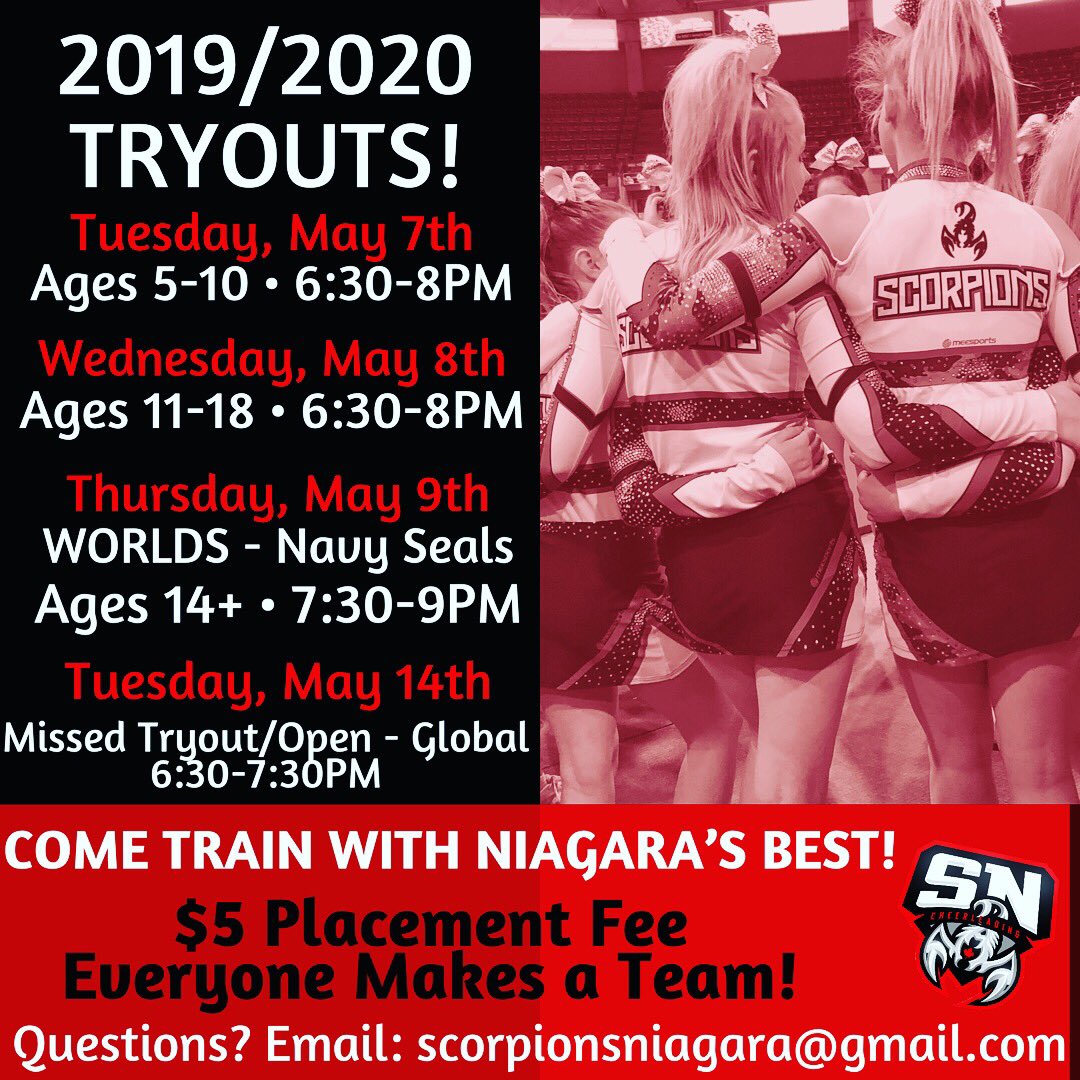 ScorpionNiagara's tweet photo. 🚨MARK YOUR CALENDARS! 🚨

Ready to train like a champion ?! 🏆

Be sure to save the dates ! Don’t miss your opportunity train with Niagara’s BEST cheerleading club ! 🦂♥️

#ScorpionsNiagara #NiagarasBest #Cheerleading #Tumbling #Tryouts #TeamPlacements #ScorpionPride #NewSeason https://t.co/8cd7j080sF