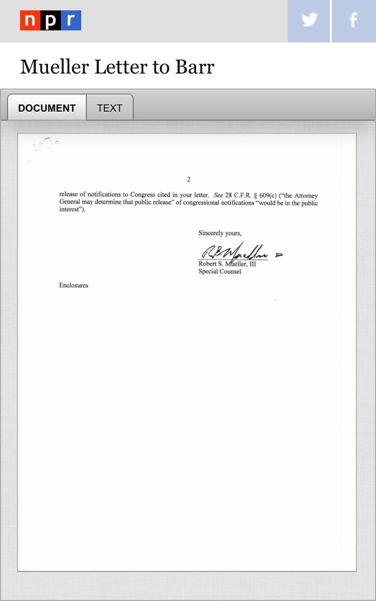 jasmania76's tweet photo. @JillWineBanks ~Mueller’s letter to AG Barr disputing Barr’s summary of the Mueller report~ https://t.co/SVkHfxL935
