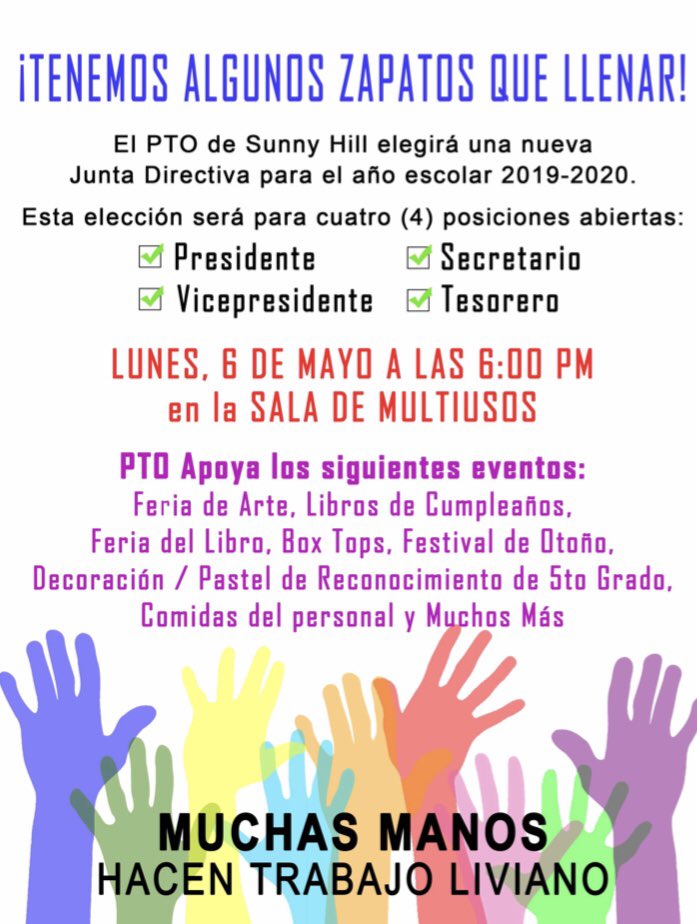 If you or someone you know would make a great PTO officer, please join us at our Election Meeting Night 🐯🗳 | Si usted o alguien que conoce sería un gran oficial de PTO, únase a nosotros en nuestra reunión de la noche de elecciones. 🐯🗳<a href="/SunnyHill220/">Sunny Hill Elementary School</a>