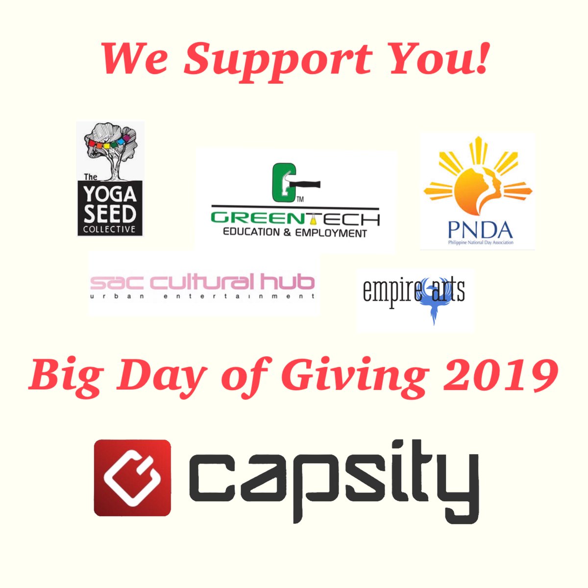 It’s BIG DAY OF GIVING! Be sure to donate! Capsity is proud to support our non-profit members and partners <a href="/greentechedu/">Green Tech Education</a> <a href="/theyogaseed/">Yoga Seed Collective</a> <a href="/PNDAempowers/">PNDA</a> Sac Cultural Hub <a href="/EmpireArtsCo/">EmpireArtsCollective</a> #sac #sacramento #sacgiving #bigDoG #bigdayofgiving #giveback #supportourcommunity