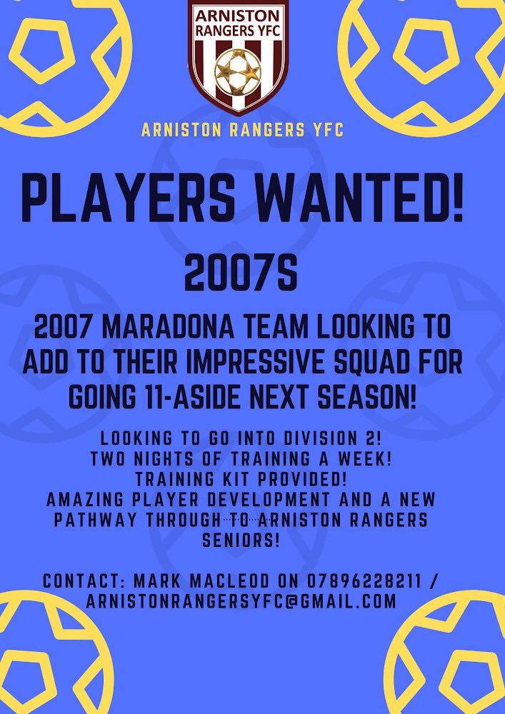 ‼️PLAYERS WANTED‼️
Our 2007s team are looking for players to add to their impressive team for next season playing 11 aside in Division 2!
If you’re interested or need more info don’t hesitate to contact any of the below.

Please Retweet ⚽️