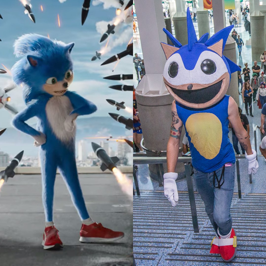 comicconla's tweet image. On the left: #SonicMovie On the right: #Sonic cosplayer from #lacomiccon18