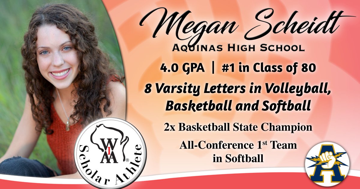 wiaawi's tweet photo. Congratulations to Megan Scheidt, an @AquinasBlugolds senior, on being  named a 2019 WIAA Scholar Athlete! She will attend Winona State University in the fall to study Nursing. 🏅📚🎓🥎🏐🏀  #WIAAScholarAthlete https://t.co/hin4hqCe1K