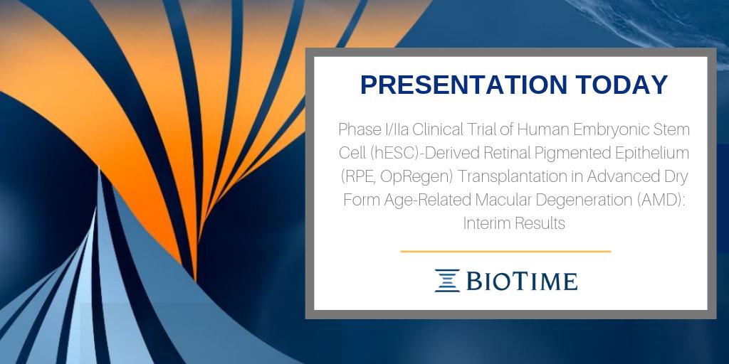 LineageCell's tweet photo. Today, study investigator Dr. Eyal Banin presented BioTime’s OpRegen® data for the treatment of dry #AMD at #ARVO19. View the presentation: https://t.co/LE0dPKGfdV
@ARVOinfo #eyehealth #regenmed #celltherapy #stemcells $BTX https://t.co/O9KSE39kxM