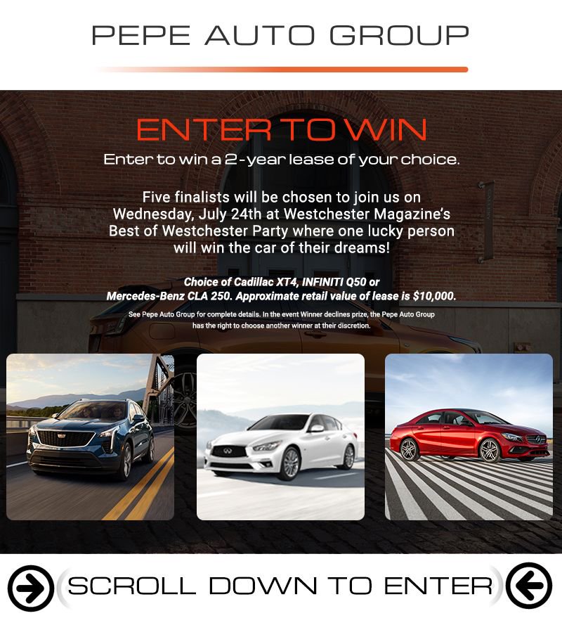 Looking for a new ride? Enter the @PepeAutoGroup lease giveaway at bit.ly/2DDztD9 and you could be driving away from the Best of Westchester party in a Cadillac XT4, Infiniti Q50 or Mercedes-Benz CLA 250! #bestofwestchester #BOWParty2019