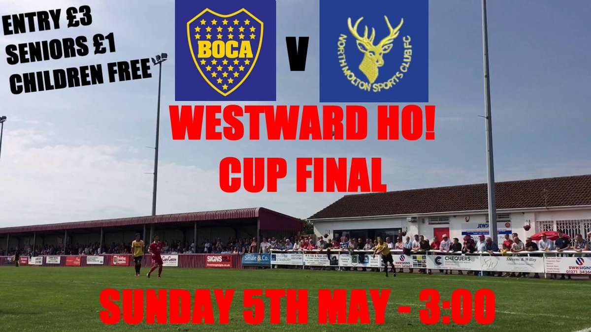 Need a weekend Football fix?  On Sunday we host the Westward Ho! Cup Final.

𝐁𝐨𝐜𝐚 𝐒𝐞𝐧𝐢𝐨𝐫𝐬 𝐯 𝐍𝐨𝐫𝐭𝐡 𝐌𝐨𝐥𝐭𝐨𝐧.

Kicking off at 3pm - The Clubhouse &amp; Bar will be open.

It promises to be an entertaining game.
