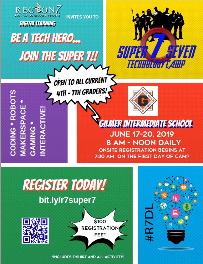 GilmerISDProud's tweet photo. Spots are filling up fast for the SUPER  7 TECHNOLOGY CAMP. Register today.  Open to all current 4th-7th graders. https://t.co/9KZ9ktNpXy