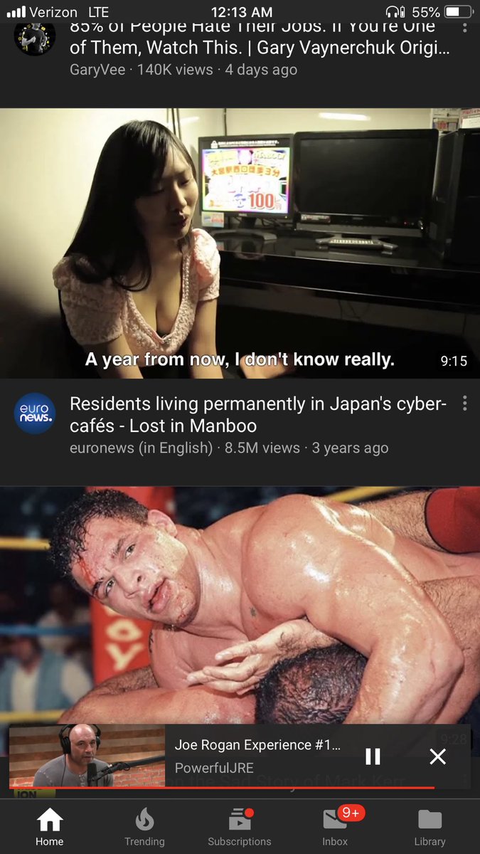 suicidells's tweet photo. That time you’re listening to @joerogan and @anthonyjeselnik talk about cultural depression and people living in cyber cafes in Tokyo and I scroll through YouTube only to see this link as they discuss it. This feedback loop shit is getting crazy. https://t.co/R8lvgKkud0