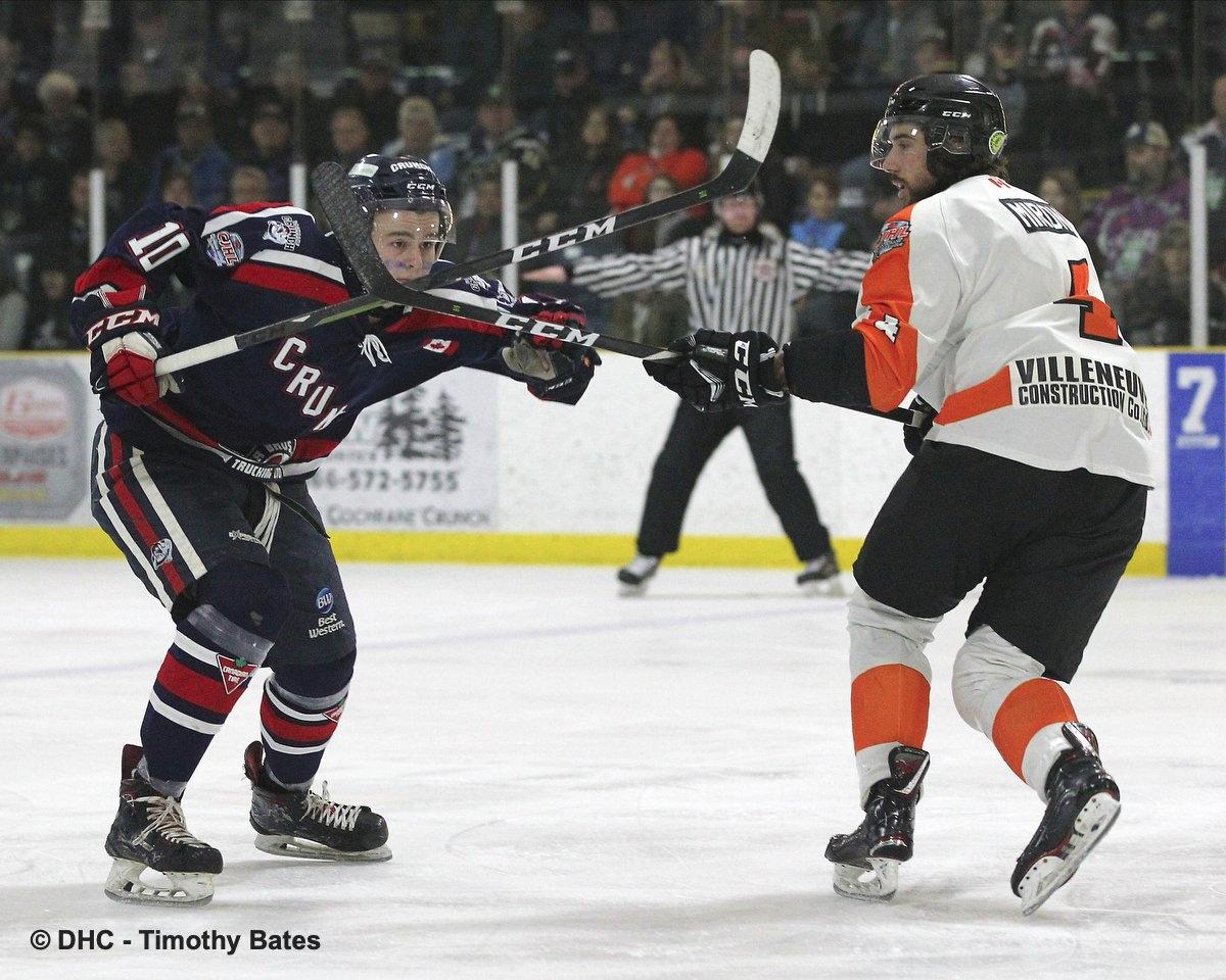 . @CrunchNOJHL takes action-packed 5-4 OT decison over <a href="/lumberjacks2017/">HEARST LUMBERJACKS</a> in a all-<a href="/NOJHL/">NOJHL</a> round robin finale of the #CJHL_DHC in Cochrane. The same two teams will meet again Friday at 7:30 p.m. in the semifinal. Summary: dudleyhewittcup2019.com/stats/game-sum… - Photo: Tim Bates DHC/<a href="/OJHLImages/">OJHL Images DOP</a>