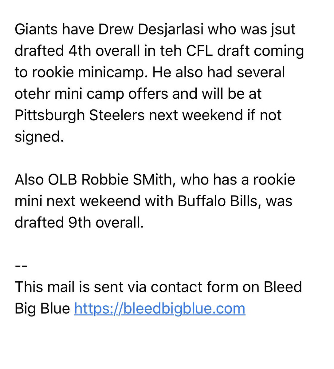 Bleedsbigblue's tweet photo. Found this in the inbox. 
Source is legit. 
#giants #nyg #nygiants #DrewDesjarlasi #CFL #RobbieSmith https://t.co/wZsyoKddQi