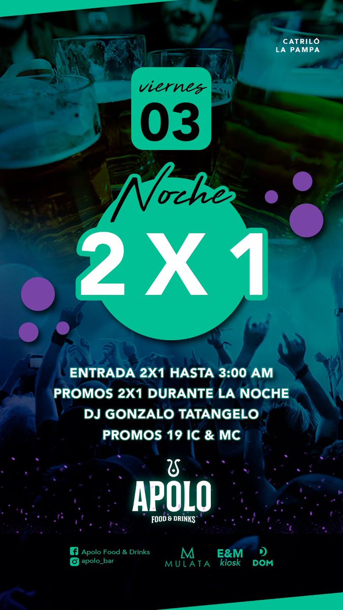 ApoloBarCatrilo's tweet photo. Mañana no te podes perder noche de 2X1 en #ApoloBar junto a las @pr19mc y la @ic_promo19, los esperamos para pasar una noche llena de sorpresas y diversión ‼️🍺🍻💣💥💃🏻🕺🏼 https://t.co/rHmtHrWdR0