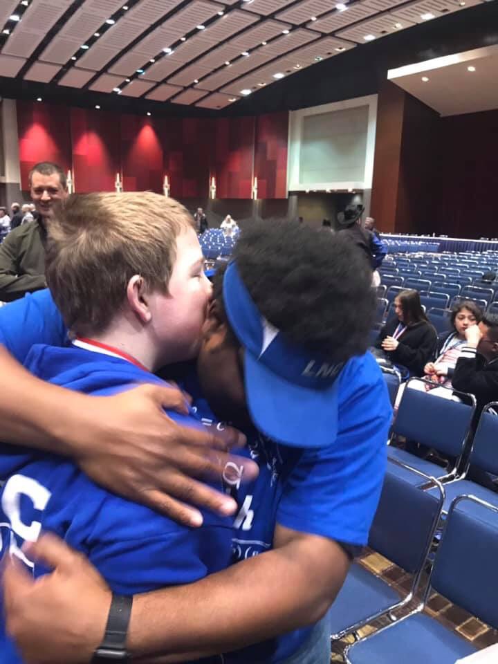 noneuclidean73's tweet image. Celebrating with silver medalist Mason McElroy after LNC was crowned MathCON National Champions. #LNCPride #MathCON2019