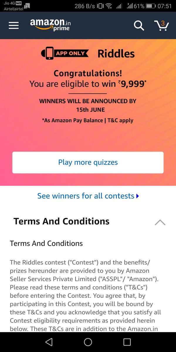 LunaticBuoy's tweet image. @amazonIN solved the riddle 😎
Next hope is to win big now 😍
#AmazonAppQuiz