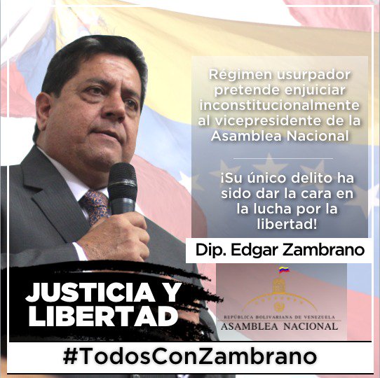 Decisiones ilegales de usurpadores no detendrán nuestra lucha. Hoy deciden perseguir al Vicepresidente AN @edgarzambranoad para tratar de amedrentarnos, pero no podrán con la lucha de un país entero. Seguimos firmes en la ruta al cese de la usurpación. #TodosConZambrano