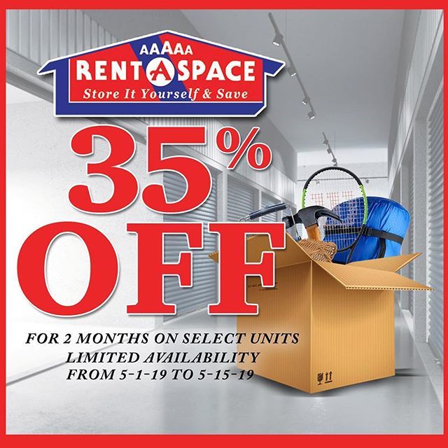 5ASpace's tweet photo. Stop by one of our 3 locations now until May 15th, 2019 and take advantage of 35% off for two months on select storage units.. Limited availability. https://t.co/A3kYxRpG3N https://t.co/vz1SF3gJex