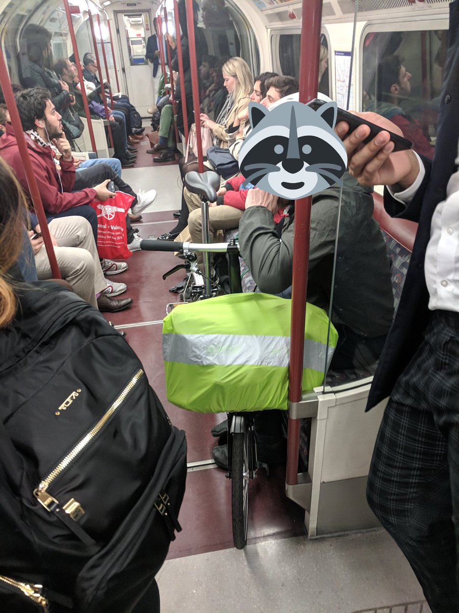 Newsflash: foldable <a href="/BromptonBicycle/">Brompton Bicycle</a> and its owner takes up 3 seats on busy tube. #ironic #poorform
