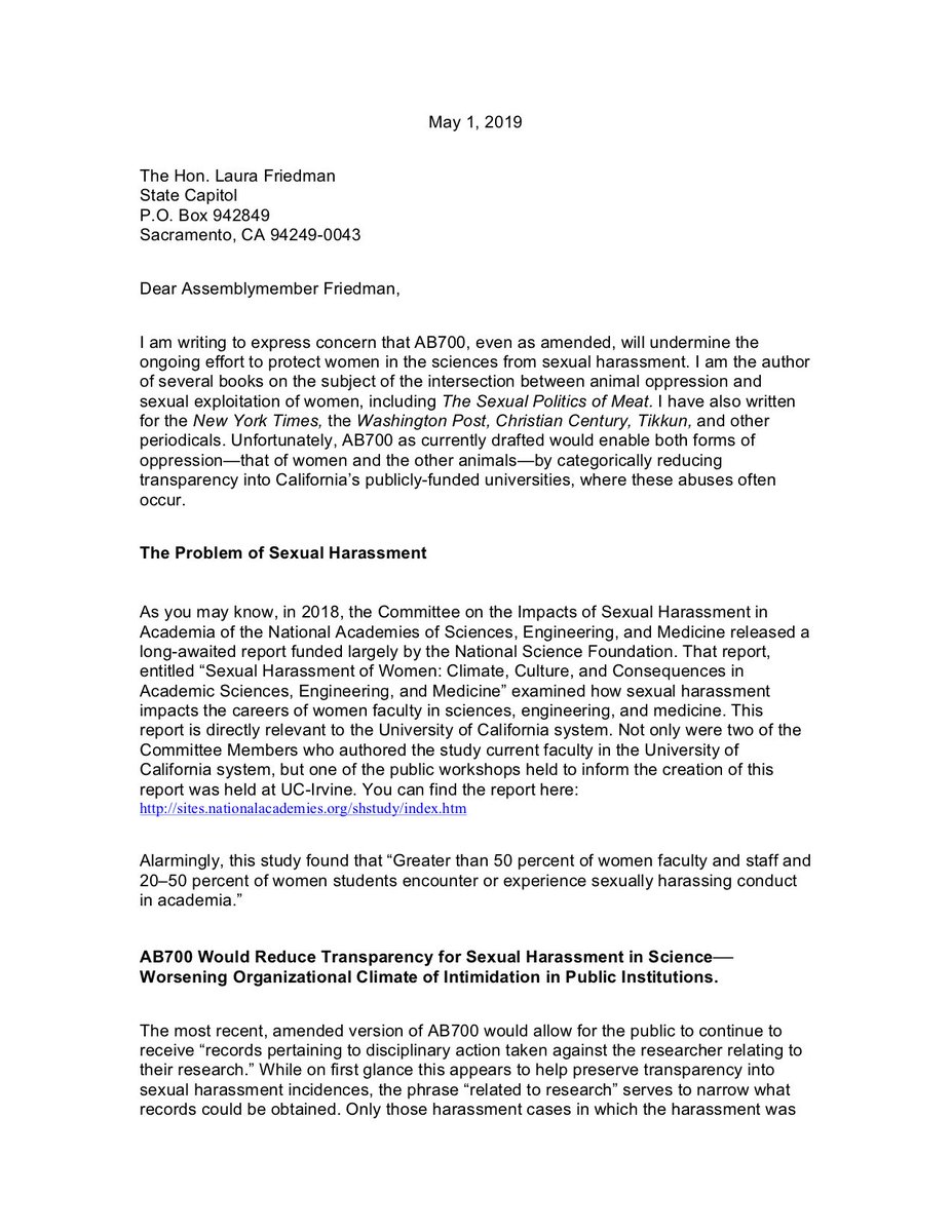 VanessaShakib's tweet photo. "AB700 Would Reduce Transparency for Sexual Harassment in Science--Worsening Organizational Climate of Intimidation in Public Institutions[,]" acclaimed author and scholar @_CarolJAdams tells @laurafriedman43. #AB700 #NoLabGag #ScienceToo #WomenInSTEM https://t.co/fW7XbAmUp9