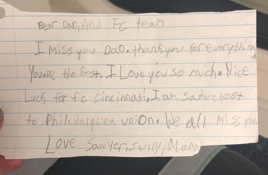 Tommy_G's tweet photo. Hardest part of my job is being away from the fam. Especially weeks like this. Then I get notes from home like this... #LowercaseG #FCCincy https://t.co/1KCpSf2zvP