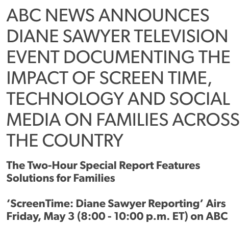 EffectiveEffort's tweet photo. Mark Your Calendars! Friday May 3rd at 8:00 est. ABC NEWS.  TELEVISION EVENT DOCUMENTING THE IMPACT OF SCREEN TIME, TECHNOLOGY AND SOCIAL MEDIA ON FAMILIES https://t.co/fkLQJ0A9Me https://t.co/zv3CzvfUtS https://t.co/iyVRCqRGn4
