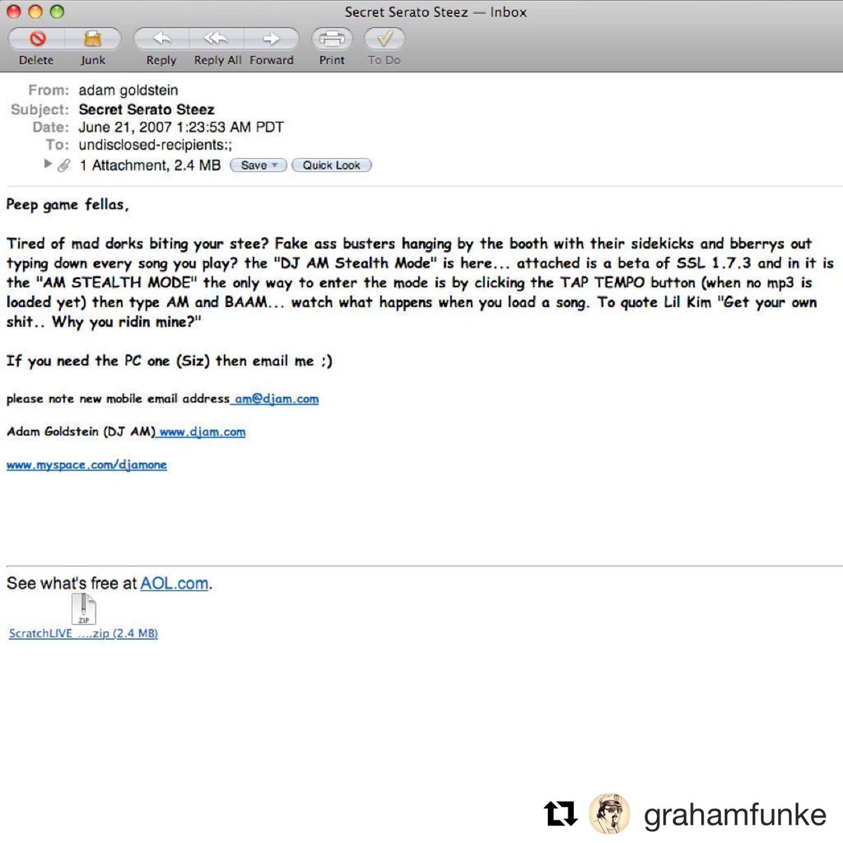 #TBT This was so necessary at the time... #Repost <a href="/grahamfunke/">graham funke</a> Purging old inboxes. Peep this DJ AM email re: stealth mode. classic...