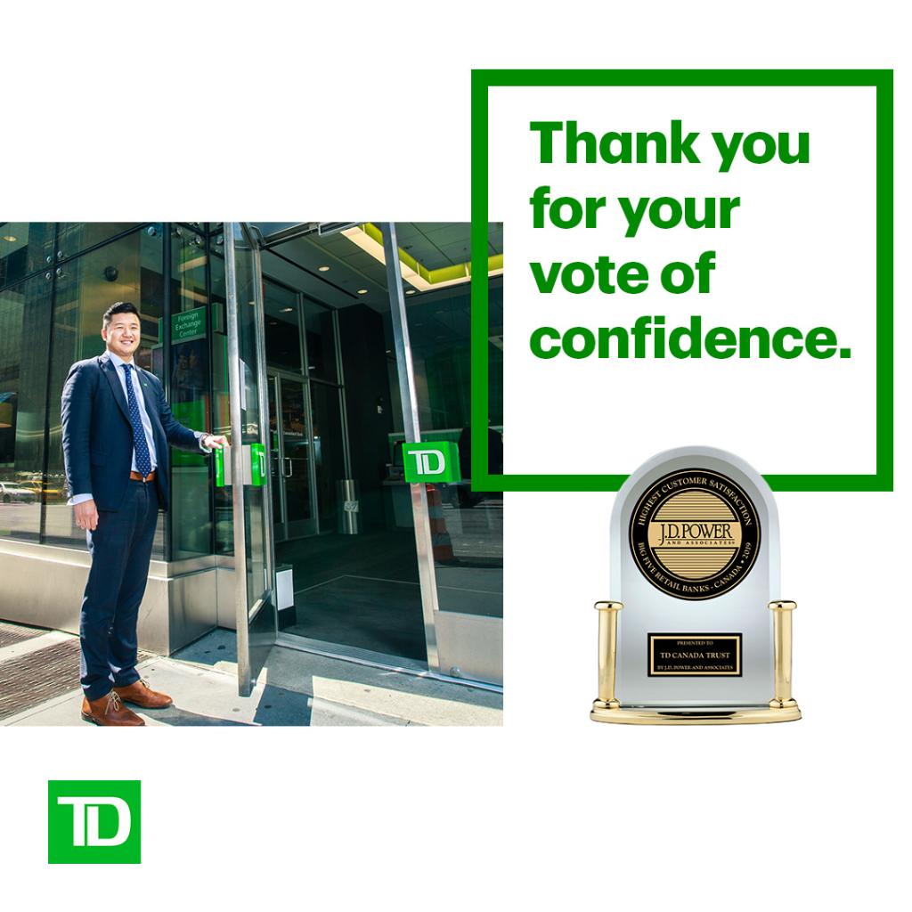 Thank you, Canada for ranking us #1 in Customer Satisfaction Among the Big Five Banks. We've earned this honour together. That's what confidence feels like.™ go.td.com/2UUUsr5 <a href="/JDPower/">J.D. Power</a>
